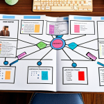**Organized Desk with Concept Map:** A perfectly organized desk. Documents are neatly arranged with a concept map in the center, visually representing interconnected ideas and keywords. Focus on clarity and efficiency.
