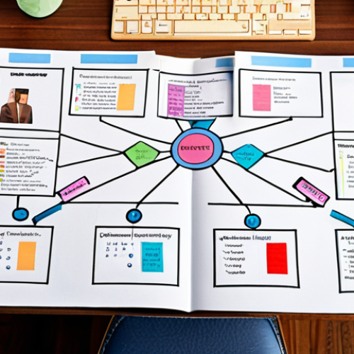 Home 11 **Organized Desk with Concept Map:** A perfectly organized desk. Documents are neatly arranged with a concept map in the center, visually representing interconnected ideas and keywords. Focus on clarity and efficiency.