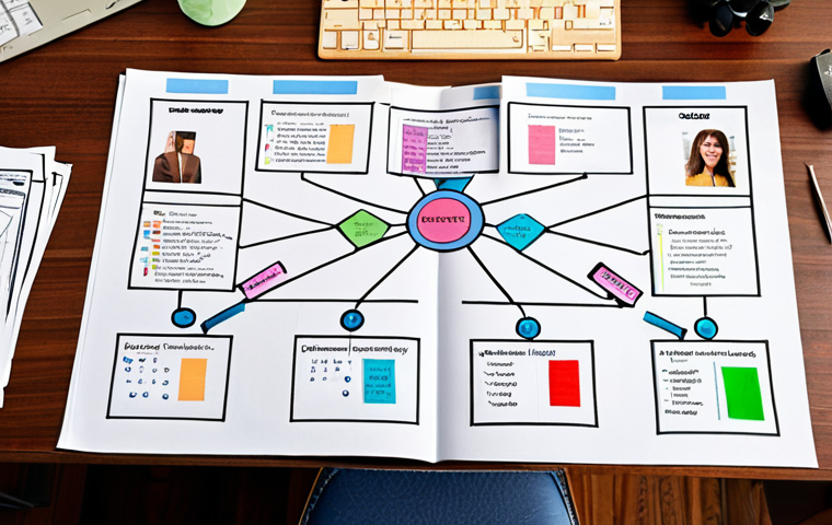 **Organized Desk with Concept Map:** A perfectly organized desk. Documents are neatly arranged with a concept map in the center, visually representing interconnected ideas and keywords. Focus on clarity and efficiency.