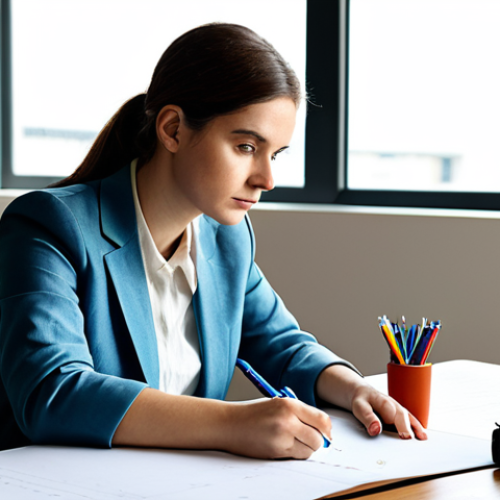 Home 6 A professional, focused woman in a modest business casual outfit, sitting at a clean, modern desk, actively drawing a complex concept map on a large, blank sheet of paper with colorful pens. Her expression is contemplative and intelligent, surrounded by neat stacks of books and a warm desk lamp. The background shows a bright, organized study room with natural light streaming through a window. Perfect anatomy, correct proportions, natural pose, well-formed hands, proper finger count, natural body proportions, professional photography, high quality, fully clothed, appropriate attire, safe for work, professional, family-friendly content.