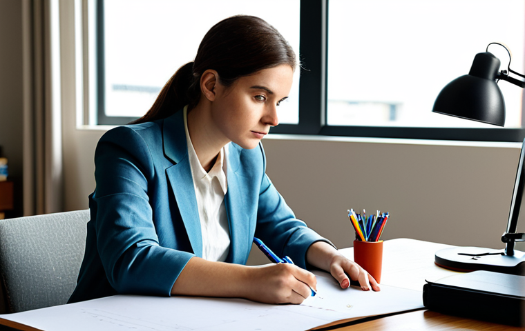 A professional, focused woman in a modest business casual outfit, sitting at a clean, modern desk, actively drawing a complex concept map on a large, blank sheet of paper with colorful pens. Her expression is contemplative and intelligent, surrounded by neat stacks of books and a warm desk lamp. The background shows a bright, organized study room with natural light streaming through a window. Perfect anatomy, correct proportions, natural pose, well-formed hands, proper finger count, natural body proportions, professional photography, high quality, fully clothed, appropriate attire, safe for work, professional, family-friendly content.