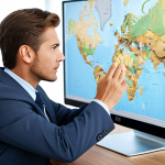 A focused business professional, in modest, elegant business attire, seated at a clean, modern office desk. A large, visually appealing digital concept map is displayed prominently on a monitor, showcasing clear interconnections of information. The professional looks at the map with an expression of calm understanding and insightful clarity. High-resolution professional photography, soft studio lighting, well-formed hands, proper finger count, natural body proportions. Fully clothed, appropriate attire, safe for work, perfect anatomy, correct proportions, natural pose, professional dress, family-friendly content.